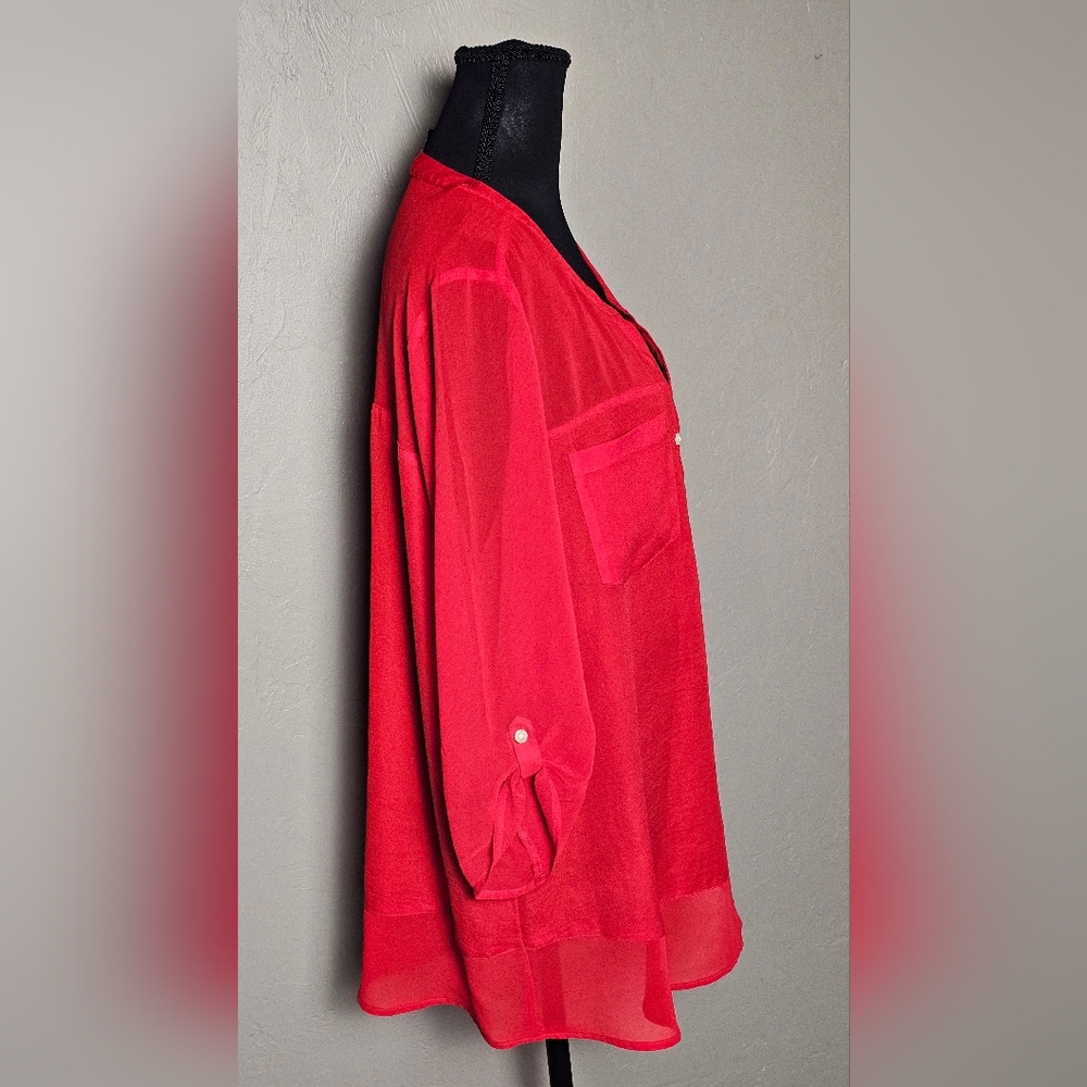 [EXPRESS] Bright Red Partially Sheer & Lined Blouse ○● Half Button-Down V-Neck - Picture 4 of 16